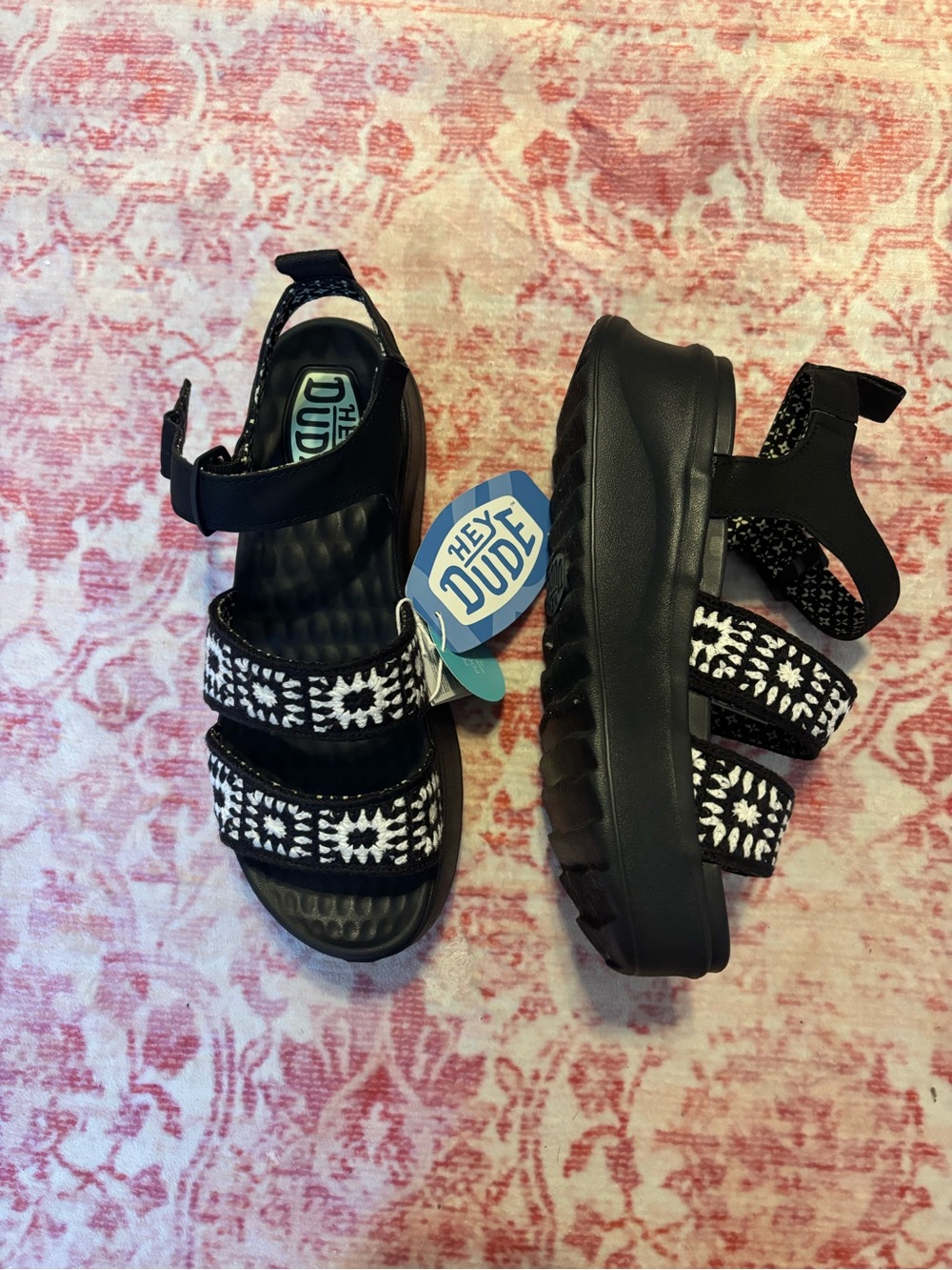 Hey Dude Women Black Sandals with White Pattern - Comfortable Strappy Footwear